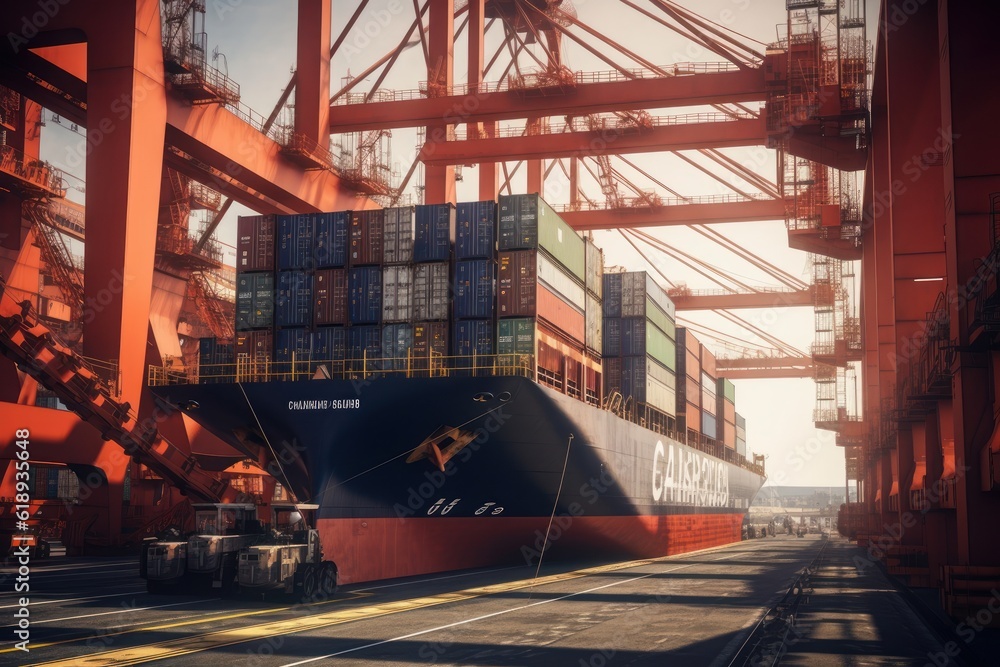 Naklejka premium Container ship at the berth in cargo terminal of the port under loading. Port cranes load containers, place them on the deck of the vessel. International freight shipping concept. 3D illustration.