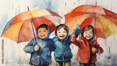 Aquarelle painting with children playing in the rain