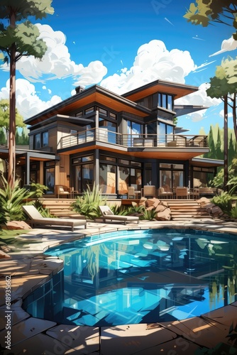 On a sunny day, a luxurious house with a pool stands. (Illustration, Generative AI) © HandmadePictures