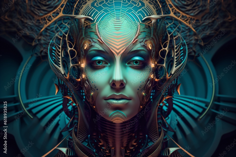 surreal symmetrical portrait of a futuristic woman with biomechanical ornaments, fictional person created with generative ai surreal symmetrical portrait of a futuristic woman with biomechanical ornaments, fictional person created with generative ai