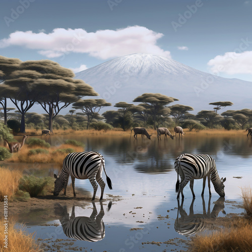 African landscape with zebras and acacia trees - digital painting  ai generated 