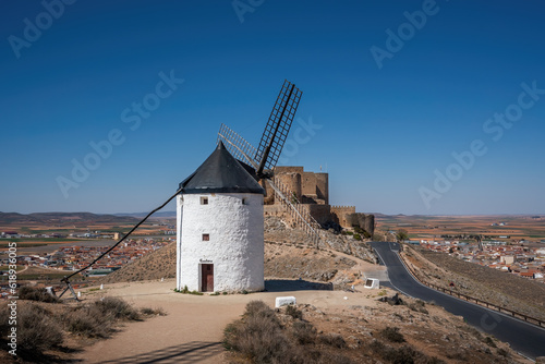 Cardeno Windmill and Consuegra Castle  Castle of La Muela  at Cerro Calderico - Consuegra  Castilla-La Mancha  Spain