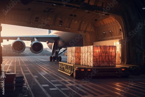 Cargo plane and a car with cargo at the airport. Loading transport aircraft in the cargo terminal of the airport. International freight transport and logistics concept. 3D illustration.