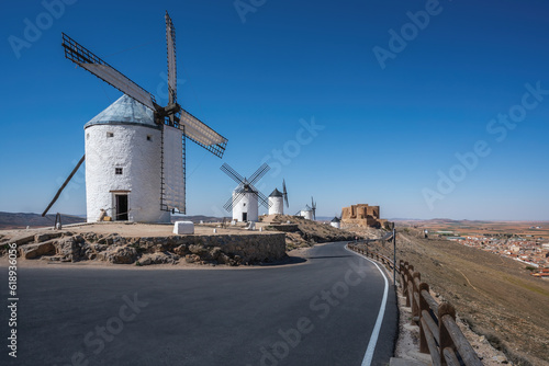 Windmills and Consuegra Castle (Castle of La Muela) at Cerro Calderico - Consuegra, Castilla-La Mancha, Spain