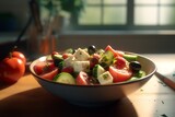 a bowl of salad with tomatoes cucumbers olives and cheese