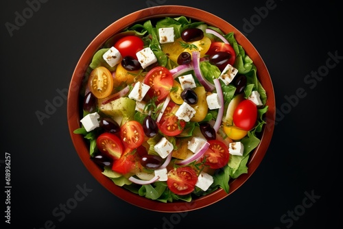 a salad with tomatoes olives onions cheese and lettuce