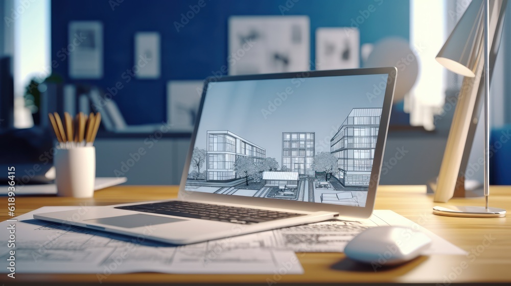 Workplace of an architect, interior designer, engineer. Design project on a laptop monitor, computer mouse, notepad and pencils. Remote work concept. Mockup, 3D illustration.