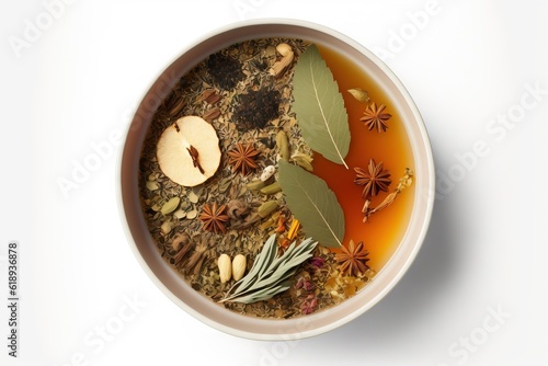 a bowl filled with a mixture of different types of spices and herbs next to a slice of apple on top of a white table top of a white surface with a white background with a shadow.