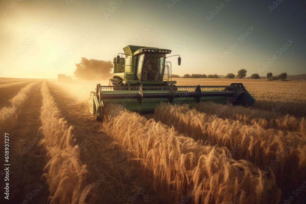 Fototapeta premium Tractor fertilizing a field. Future technology with agriculture farming concept. Generative AI