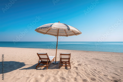Beautiful beach. Chairs on the sandy beach near the sea. Summer holiday concept. Generative AI © barmaleeva