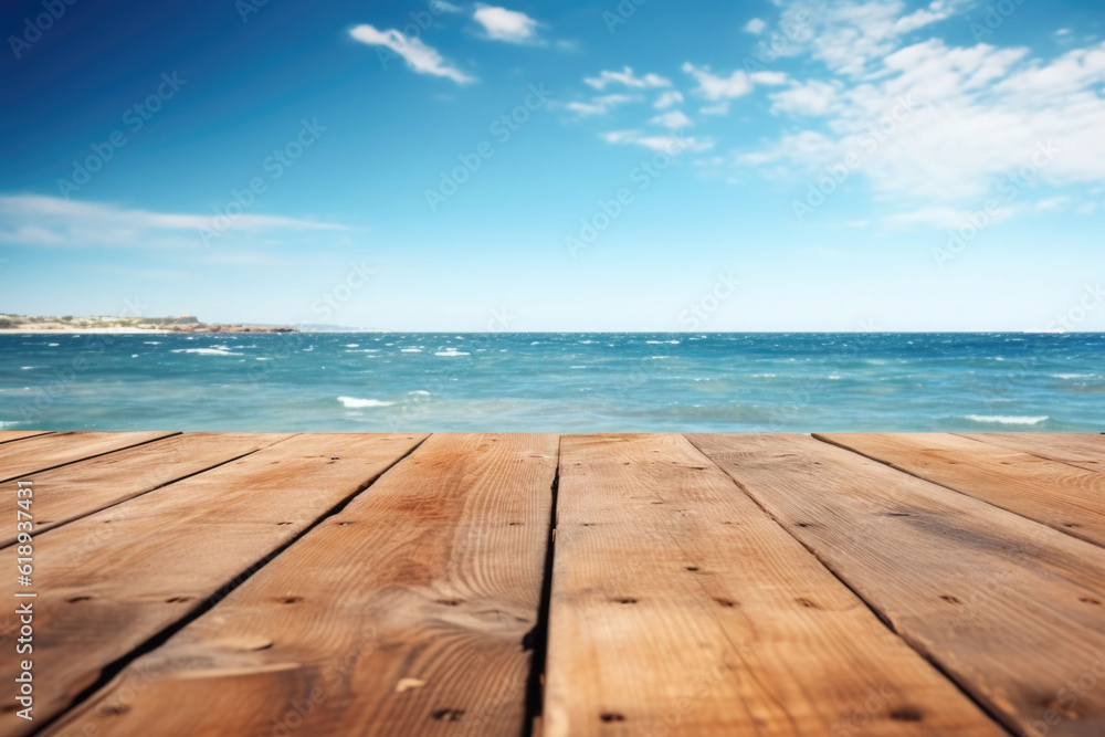 Fototapeta premium Wooden texture with blue sea and bright sky in summer background. Generative AI