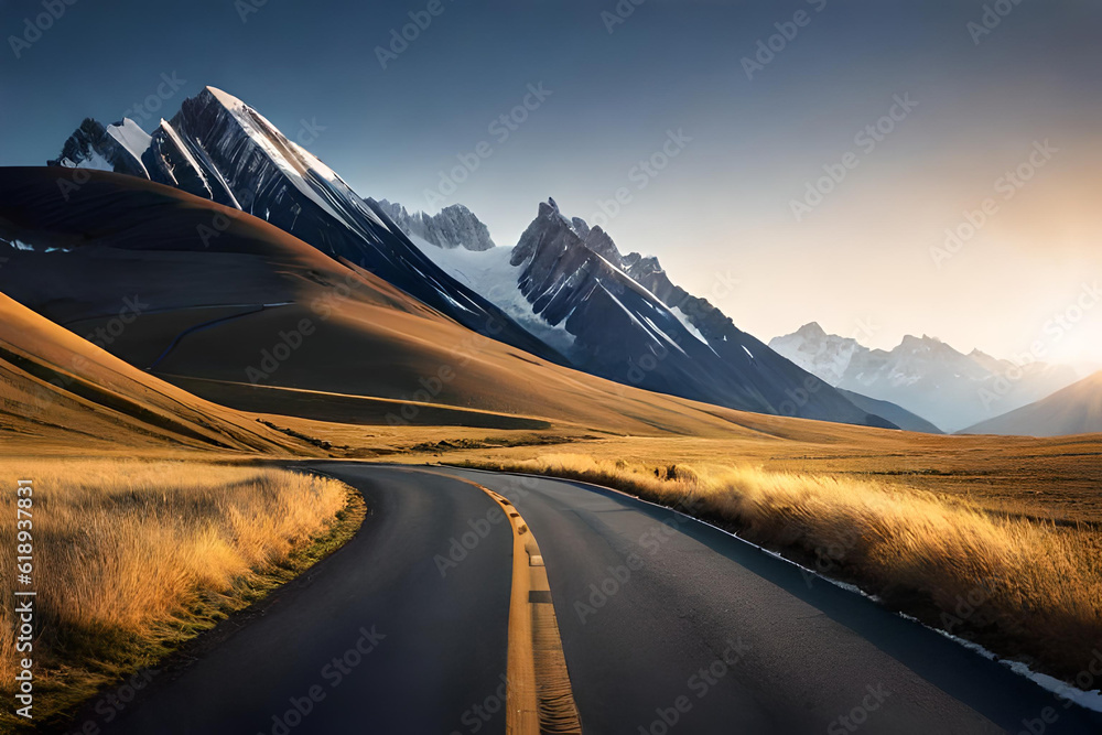 The road between beautiful hills, mountains, snow, and desert, Created with AI