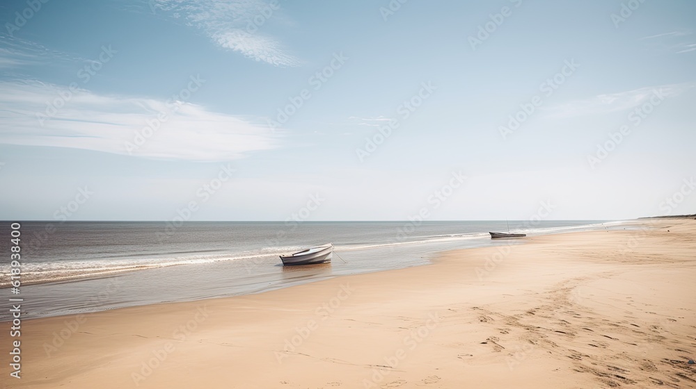 Beach scene with a fishing boat on the shore. Generative AI