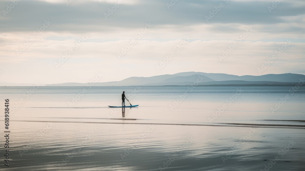 A beach scene with a paddleboarder in calm waters. Generative AI A beach scene with a paddleboarder in calm waters. Generative AI