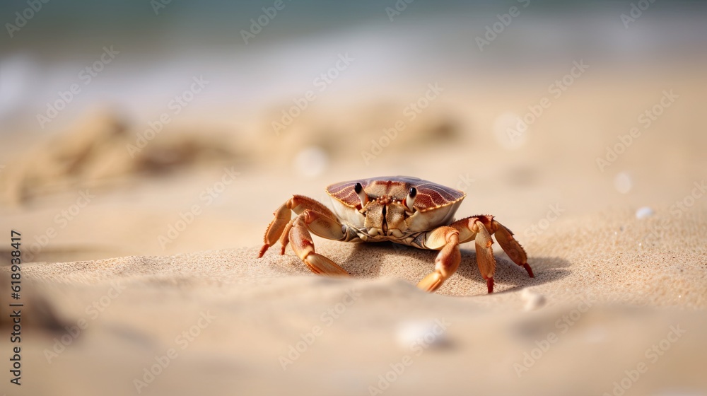 A beach scene with a crab crawling on the sand. Generative AI