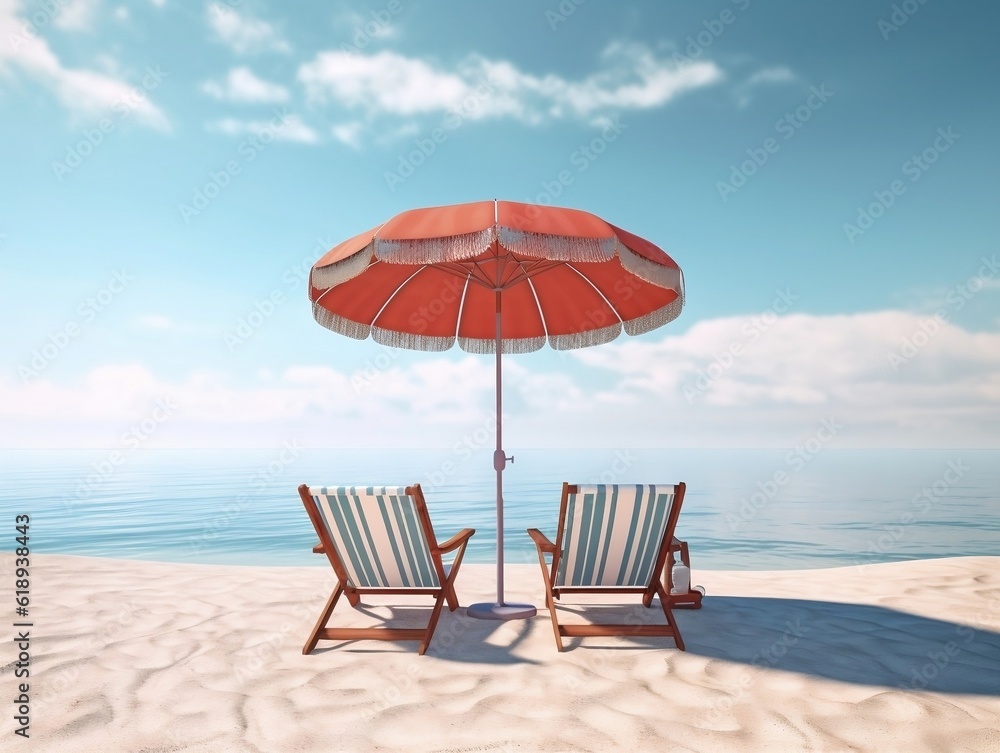 Umbrella and two chairs on the beach 3D illustration, summer vibes,AI Generative 