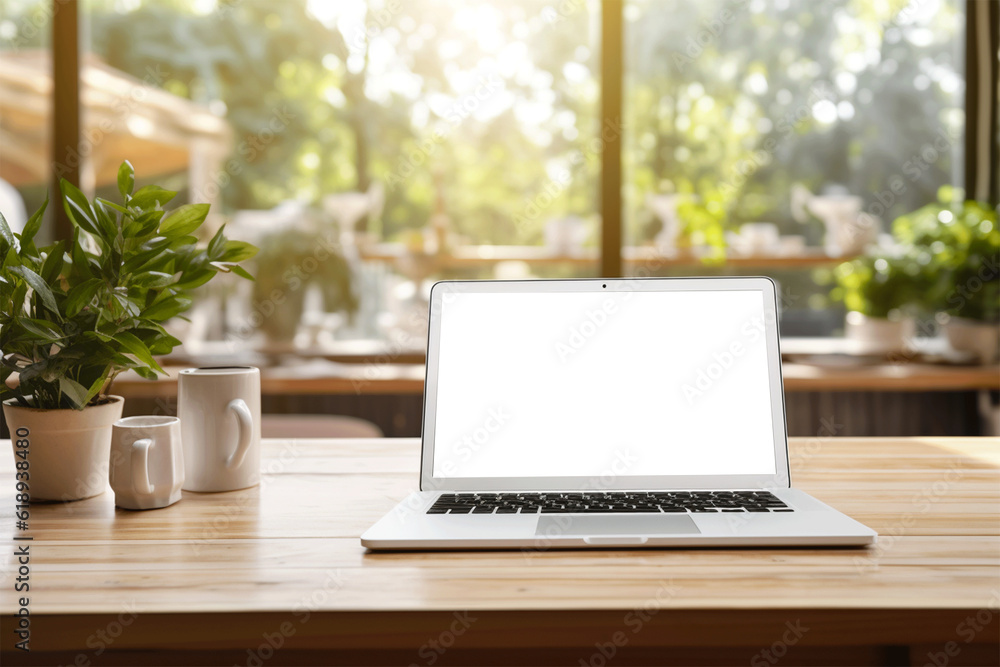 Laptop with blank screen on Wood table, screen isolate on transparent 