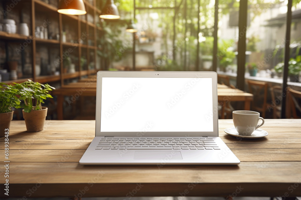 Laptop with blank screen on Wood table, screen isolate on transparent Laptop with blank screen on Wood table, screen isolate on transparent