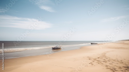 Beach scene with a fishing boat on the shore. Generative AI