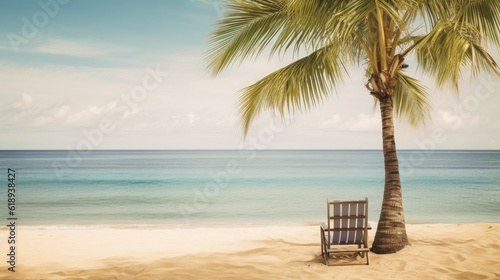 A beach scene with a palm tree and a beach chair. Generative AI © Artyom