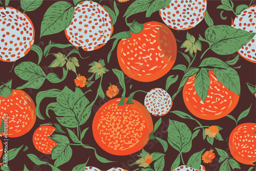 Abstract vector background with tropical fruits, 
flowers and green leaves. 