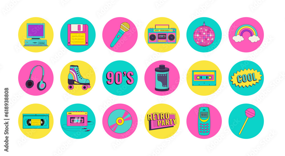 Set of 90s 00s retro device icons in modern pop style. Vintage audio player, cassette, old pc, floppy disk, mobile phone, headphones vector illustration. Nostalgia for 1990s Set of 90s 00s retro device icons in modern pop style. Vintage audio player, cassette, old pc, floppy disk, mobile phone, headphones vector illustration. Nostalgia for 1990s