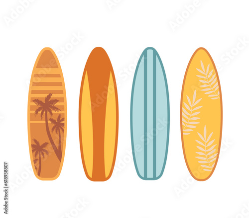 Set of cartoon surfboard vector illustration. Surfing icons on white background