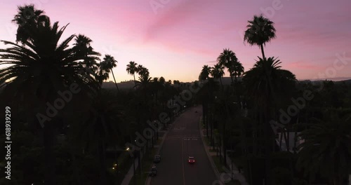 Aerial Drone View of Beverly Hills Palm Trees at Sunset California USA