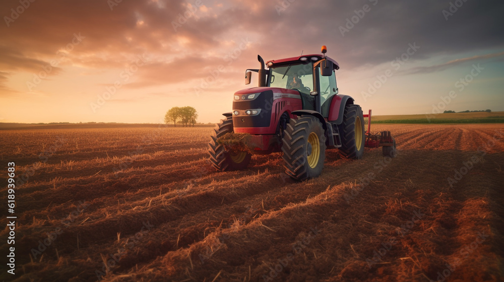 Fototapeta premium red tractor plowing cereal field with sky with clouds, Created using generative AI tools.