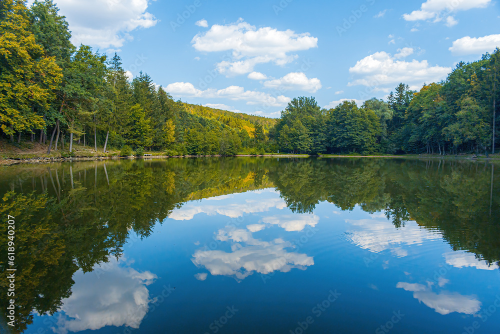 Calm lake with reflection of forest and sky with clouds