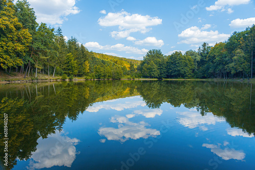 Calm lake with reflection of forest and sky with clouds