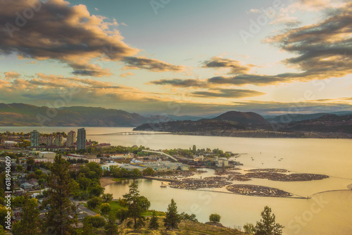 Dramatic cloudy sunset over city of Kelowna