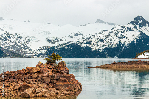 Garibaldi lake with snow covered mountains in winter