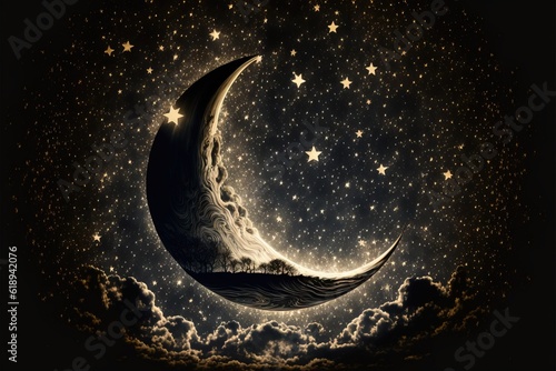 a painting of a crescent moon with stars in the sky above it and clouds around it, with a black background with white stars and a black background with a black border with a white border.
