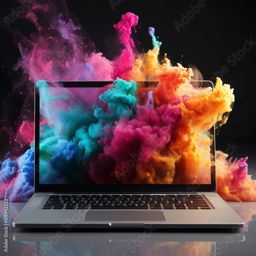 Laptop with blank screen Powerful explosion of powder explosion dust, holi