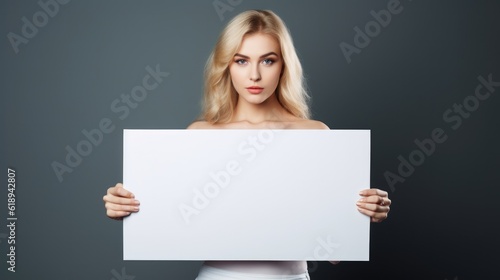 stock photo of a beautiful woman holding a white cardboard