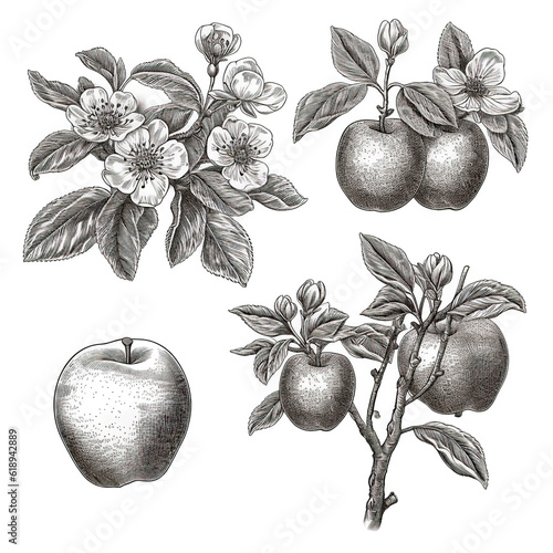 Set of apple, apple flowers, fruit on a branch isolated on a white background. Ink monochrome drawing. Free hand sketch illustration. Generative AI