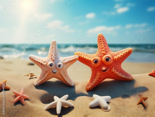 Two starfish kept on sand 3D illustration, summer vibes,AI Generative 