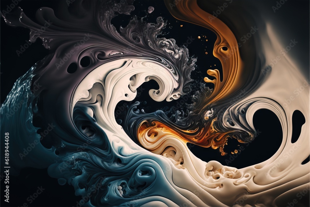 a computer generated image of a wave of liquid and liquid ink on a black background with a white and yellow swirl in the center of the wave and a black background with a white border.