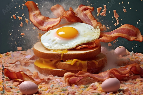 Toast with flying fried bacon and egg.
