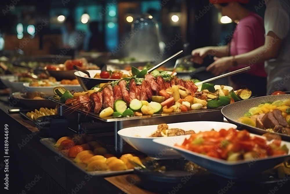 A colorful and delicious buffet line with a variety of mouth-watering dishes