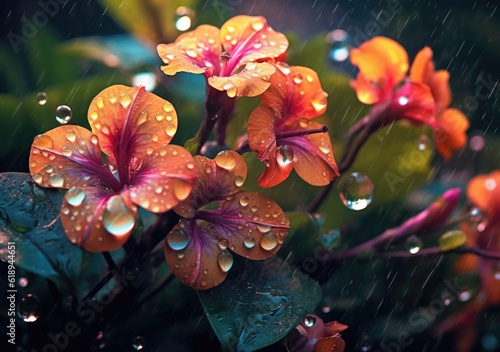 Rain-kissed flowers in a garden . Poster. Generative ai. photo