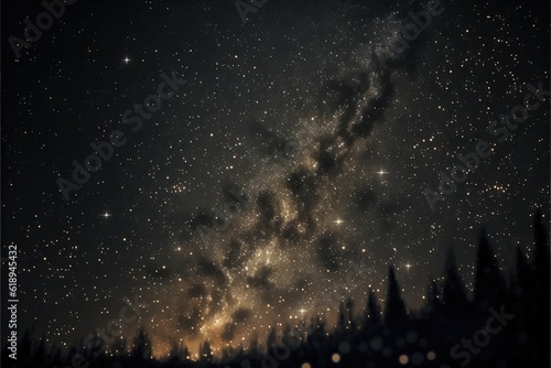 a night sky with stars and trees in the foreground and the milky in the distance with a bright yellow dot in the middle of the sky and a black spot in the middle of the foreground. Generative ai