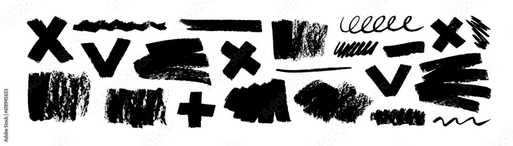 Collection grungy smears and rough stains. Charcoal or chalk drawn various shapes, crosses and tick marks. Hand drawn scribble sketch banners with pencil texture. Abstract rough vector shapes.