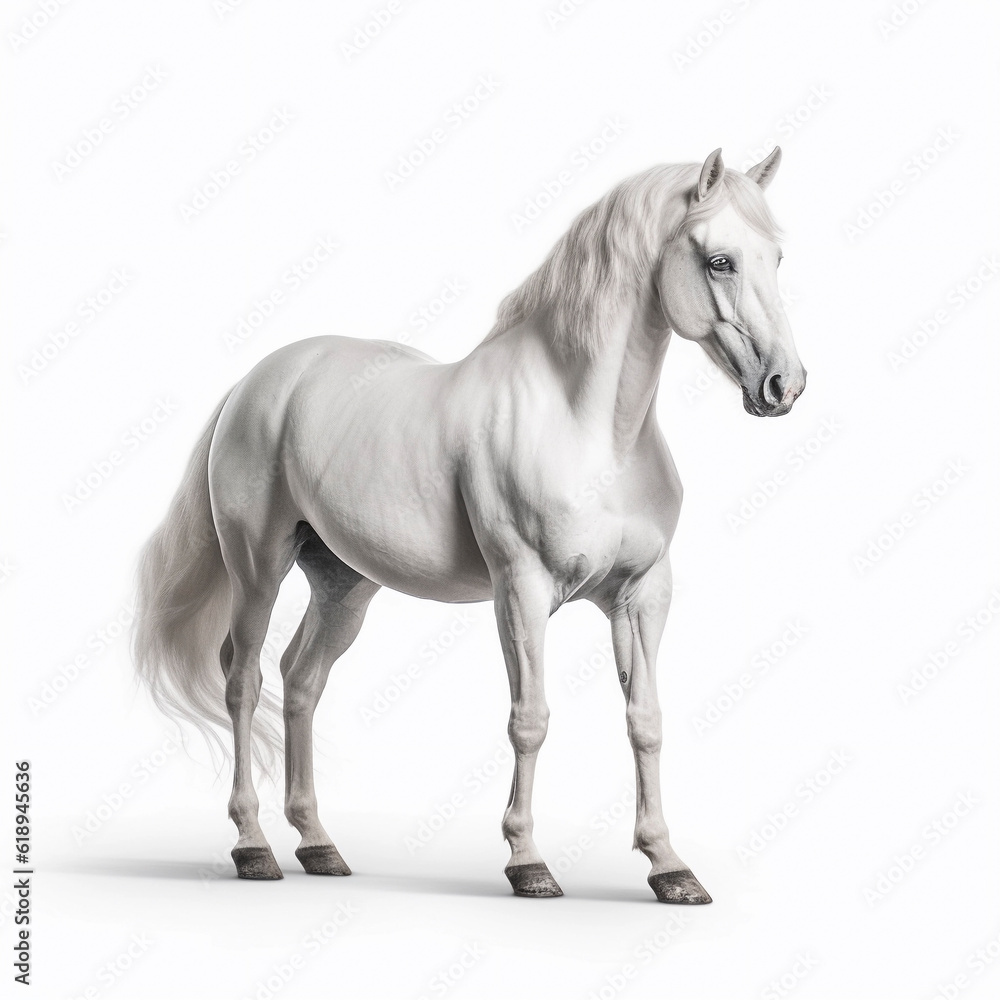 Obraz premium white horse (Equidae), in front of white background, AI generated
