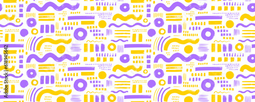 Multi colored abstract Memphis geometric shapes seamless pattern. Brush drawn bold geometric shapes, stripes, wavy lines, circles and dots. Abstract colorful background. Hand drawn futuristic figures.