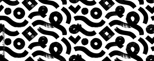 Bold brush drawn curved lines and circles seamless pattern. Chaotic black ink scribbles decorative texture. Vector wavy and swirled bold brush strokes with square. Geometric banner design.