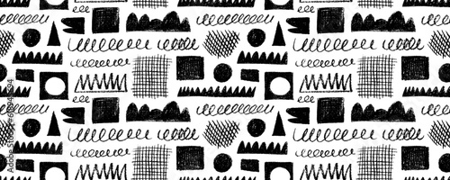 Random childish pencil drawn shapes and scribbles seamless pattern. Charcoal geometric shapes ornament. Childish freehand scratches and hand drawn crayon shapes background. Doodle objects.