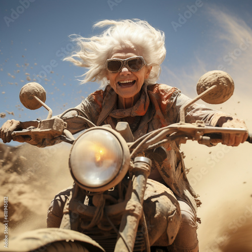 Pure joie de vivre, older woman - pensioner, grandmother, drives laughing on an old motorcycle to enjoy life, ai generates