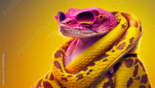 Cool looking Snake wearing funky fashion dress - bright yellow jacket, vest, sunglasses. Wide pink banner with space for text right side. Stylish animal posing as a supermodel, Created with AI